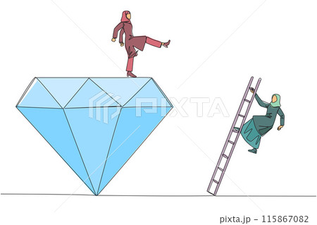 Single continuous line drawing Arab businesswoman kicks rival who climbs the diamond with a ladder. Knocking rival down from achieving a glorious position together. One line design vector illustration Single continuous line drawing Arab businesswoman kicks rival who climbs the diamond with a ladder. Knocking rival down from achieving a glorious position together. One line design vector illustration 115867082