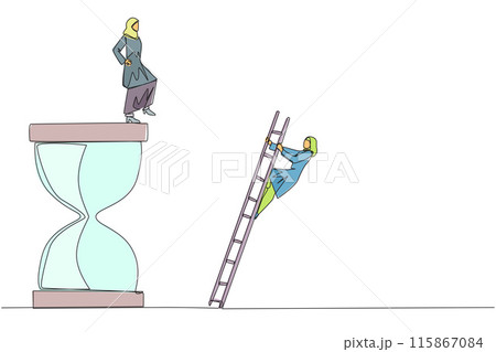 Continuous one line drawing Arab businesswoman kicks opponent who climbs hourglass with ladder. Not able to complete deadlines well. Dropped roughly. Rival. Single line draw design vector illustration Continuous one line drawing Arab businesswoman kicks opponent who climbs hourglass with ladder. Not able to complete deadlines well. Dropped roughly. Rival. Single line draw design vector illustration 115867084