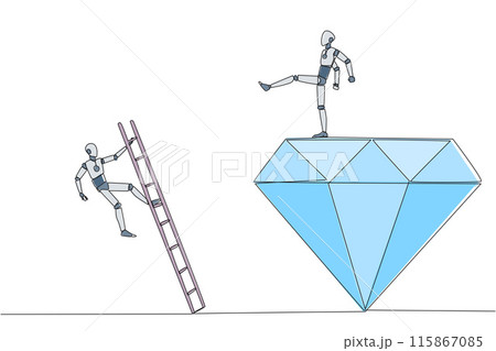 Single continuous line drawing smart robot kicks rival who is climbing the diamond with a ladder. Knocking rival down from achieving a glorious position together. One line design vector illustration Single continuous line drawing smart robot kicks rival who is climbing the diamond with a ladder. Knocking rival down from achieving a glorious position together. One line design vector illustration 115867085