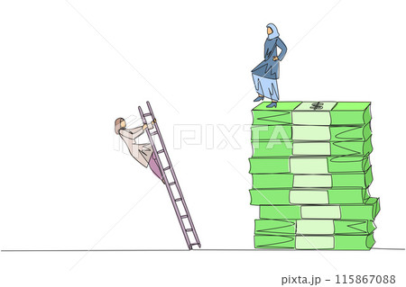 Single one line drawing Arab businesswoman kicks opponent who climbs pile of banknotes with ladder. Struggle together but want to achieve big profit alone. Continuous line design graphic illustration 115867088