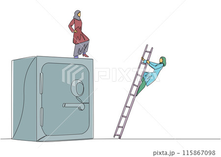 Single one line drawing Arab businesswoman kicks opponent who climbs safe deposit box with ladder. Dropped roughly. Unable to save important files. Rival. Continuous line design graphic illustration 115867098