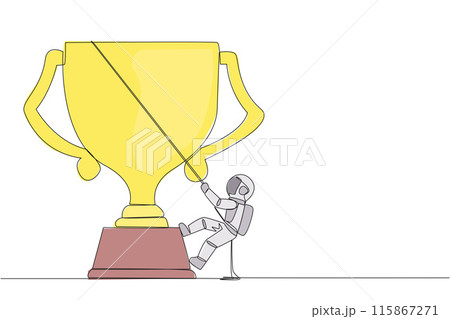 Single continuous line drawing young astronaut climbing the trophy with rope. Expanding branding by winning many awards. Connecting relationships. Smart work hard. One line design vector illustration Single continuous line drawing young astronaut climbing the trophy with rope. Expanding branding by winning many awards. Connecting relationships. Smart work hard. One line design vector illustration 115867271