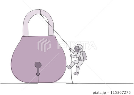 Single continuous line drawing astronaut climbing padlock with rope. Do the best to privatize the business. Sole owner. The result of smart hard work. Satisfied. One line design vector illustration Single continuous line drawing astronaut climbing padlock with rope. Do the best to privatize the business. Sole owner. The result of smart hard work. Satisfied. One line design vector illustration 115867276