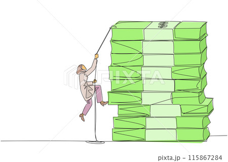 Continuous one line drawing Arabian businesswoman climbs stack of banknotes with rope. Hard worker raise capital to create new business. For better future life. Single line design vector illustration Continuous one line drawing Arabian businesswoman climbs stack of banknotes with rope. Hard worker raise capital to create new business. For better future life. Single line design vector illustration 115867284