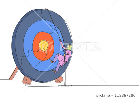 Continuous one line drawing Arab businesswoman climbs arrow board target with rope. Struggle very persistently to achieve best. Smart work produces results. Single line draw design vector illustration Continuous one line drawing Arab businesswoman climbs arrow board target with rope. Struggle very persistently to achieve best. Smart work produces results. Single line draw design vector illustration 115867286