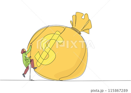 Single one line drawing Arabian businesswoman climbs money bag with rope. Work harder to get very large retirement fund. Bring out abilities to the maximum. Continuous line design graphic illustration Single one line drawing Arabian businesswoman climbs money bag with rope. Work harder to get very large retirement fund. Bring out abilities to the maximum. Continuous line design graphic illustration 115867289