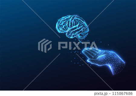 AI Power and human intelligence futuristic conceptual image with hand releasing brain on dark blue  115867686
