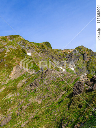 群馬県・初夏の谷川岳西黒尾根の急登を登る登山者 115868004