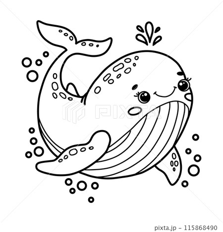 Cute cartoon whale with bubbles. Children's coloring book. Black and white outline vector Illustration  115868490