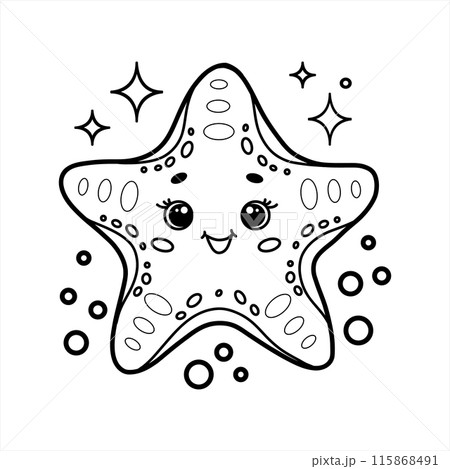 Cute cartoon starfish with bubbles. Black and white outline vector Illustration. Children's coloring book 115868491