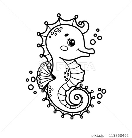 Cute cartoon seahorse with bubbles. Vector outline Illustration perfect for children's coloring books Cute cartoon seahorse with bubbles. Vector outline Illustration perfect for children's coloring books 115868492