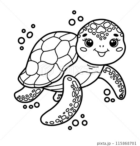 Cute cartoon smiling turtle with bubbles. Black and white outline vector Illustration. Children's coloring page book Cute cartoon smiling turtle with bubbles. Black and white outline vector Illustration. Children's coloring page book 115868701