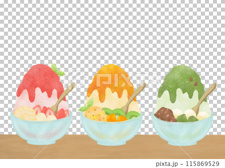 Watercolor illustration of shaved ice lined up on a table Watercolor illustration of shaved ice lined up on a table 115869529
