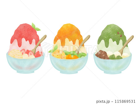 おいしそうな3種類のかき氷の水彩イラスト 115869531