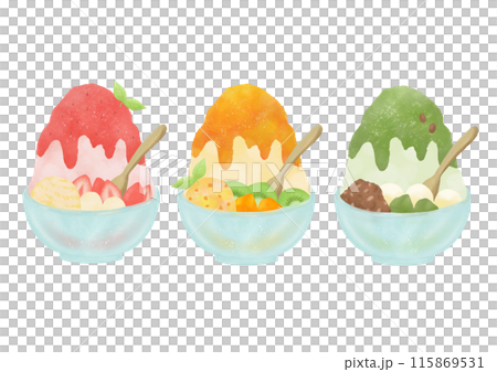 おいしそうな3種類のかき氷の水彩イラスト 115869531