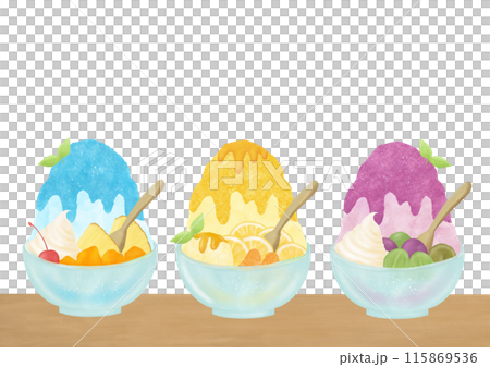 机の上に並んだかき氷の水彩イラスト 115869536