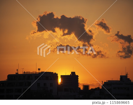ビルの隙間に沈んでいく夕日 ビルの隙間に沈んでいく夕日 115869665