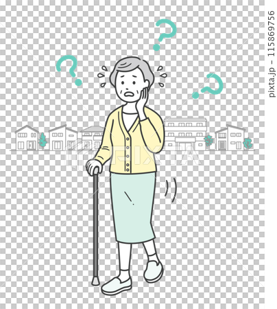 徘徊し迷子になって焦っている高齢女性の全身イラスト 115869756