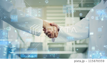 握手する研究者とデジタルテクノロジー 115870359