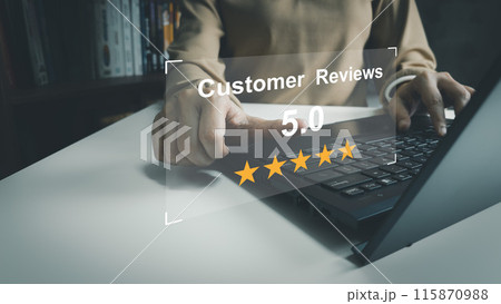 Satisfaction concept of customer, using laptop to express their opinions, answers and satisfied scores, client is satisfied with pressing 5 stars icon, excellent service, good feedback from user 115870988