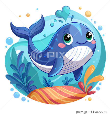 A cartoon whale swims in the sea among seaweed and bubbles 115872250