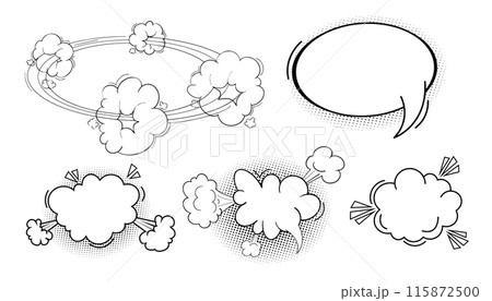 Comic speech bubble cloud with halftone, empty frame for text, boom or pow sound effects in pop art style. Set dialog balloons. 115872500