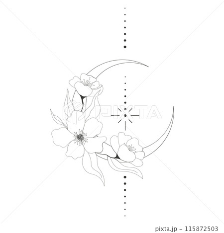 Elegant thin line moon flower contour tattoo, floral spiritual mystic element, Esoteric boho magic illustration, Line, leaves and dors decoration Elegant thin line moon flower contour tattoo, floral spiritual mystic element, Esoteric boho magic illustration, Line, leaves and dors decoration 115872503