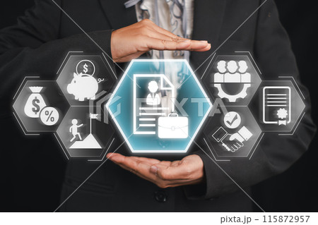 Businessman Presenting LLC Concept with Holographic Icons Representing Business Strategy, Financial Growth, and Legal Documentation 115872957