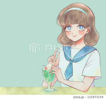 メロンクリームソーダを喫する80年代風のセーラー服美少女 メロンクリームソーダを喫する80年代風のセーラー服美少女 115873154