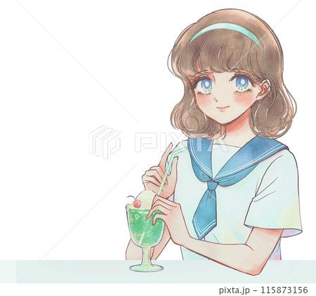 レトロ風イラスト・純喫茶で涼む少女とクリームソーダ 115873156