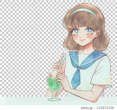 レトロ風イラスト・純喫茶で涼む少女とクリームソーダ 115873156