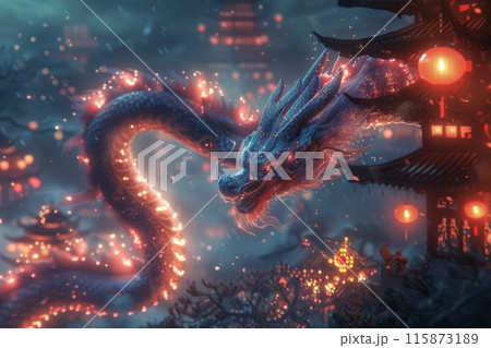 A majestic Chinese dragon encircles an ancient pagoda against the backdrop of a twinkling evening Asian town 115873189