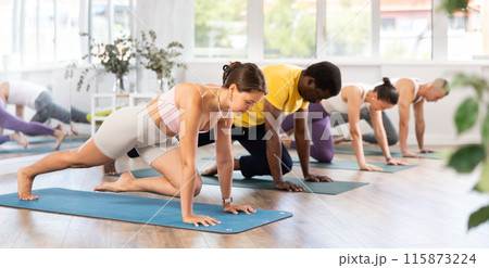 Young woman performing knee to elbow plank pose in yoga studio 115873224