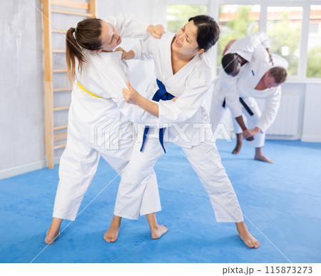 Girl tapping woman out with jiu jitsu grappling submission in gym Girl tapping woman out with jiu jitsu grappling submission in gym 115873273