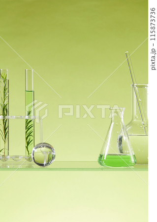 Concept of chemical, scientific experiment with some laboratory glassware containing liquid and tea tree leaves. A glass ball decorated. Liquid purification in the laboratory 115873736