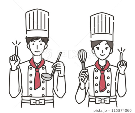 指差しポーズのシェフの男性と女性 指差しポーズのシェフの男性と女性 115874060