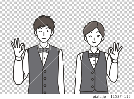 Illustration of a waiter and waitress in an okay pose Illustration of a waiter and waitress in an okay pose 115874113