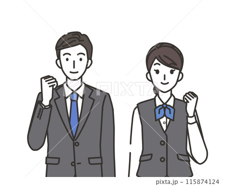 ガッツポーズの接客業の男性と女性のイラスト 115874124