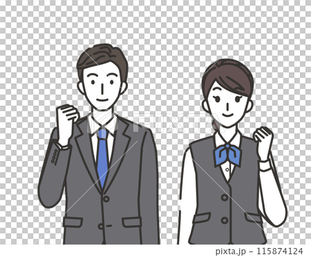 ガッツポーズの接客業の男性と女性のイラスト 115874124