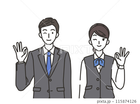 オッケーポーズの接客業の男性と女性のイラスト 115874126