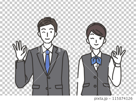 オッケーポーズの接客業の男性と女性のイラスト 115874126