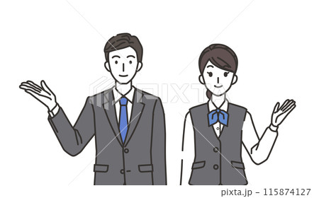 紹介する接客業の男性と女性のイラスト 115874127