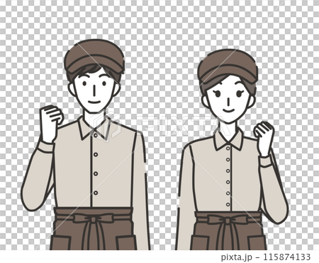 ガッツポーズのカフェ店員の男性と女性 115874133