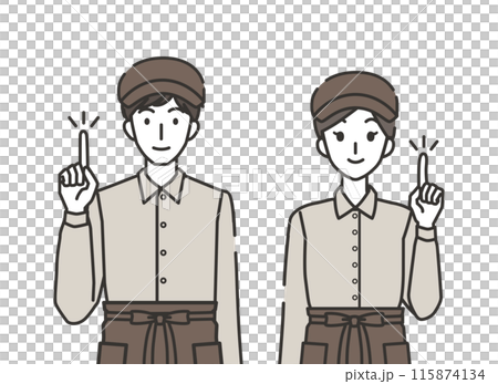 指差しポーズのカフェ店員の男性と女性 115874134
