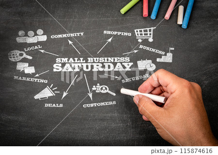 Small Business Saturday. Illustration with icons, arrows and keywords on a black chalkboard 115874616