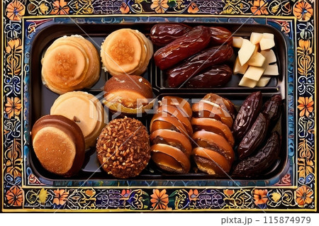 Date Fruit Plate Drawing Illustration For Ramadan Food Background Date Fruit Plate Drawing Illustration For Ramadan Food Background 115874979