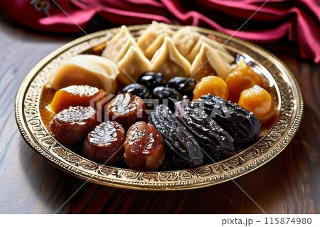 Date Fruit Plate Drawing Illustration For Ramadan Food Background 115874980