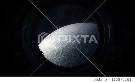 The gray surface of the moon from the porthole of a spaceship. The gray surface of the moon from the porthole of a spaceship. 115875191