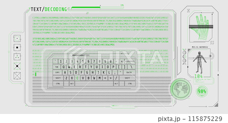 Data entry and text decoding on futuristic interface screen. 115875229