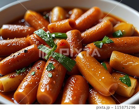 Tteokbokki, a sticky rice snack boiled with spicy sauce. Tteokbokki, a sticky rice snack boiled with spicy sauce. 115875296